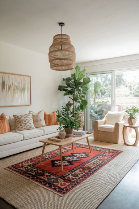 boho living room with a large jute rug and a small colorful rug above it