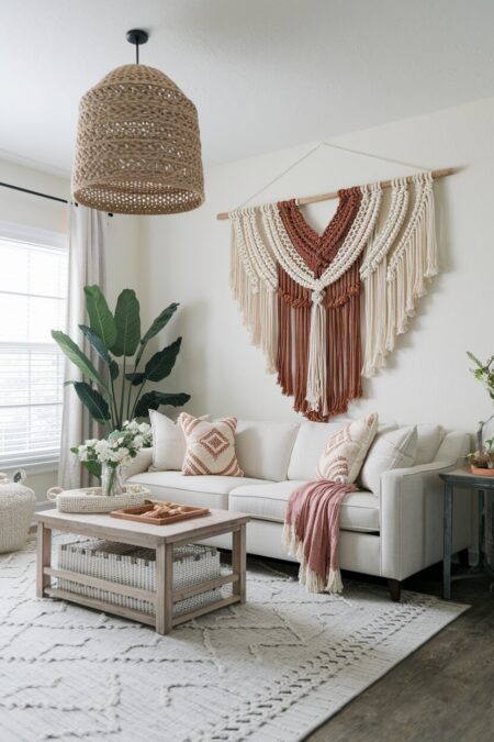 boho living room with a large macrame in cream and rust tones above a sofa