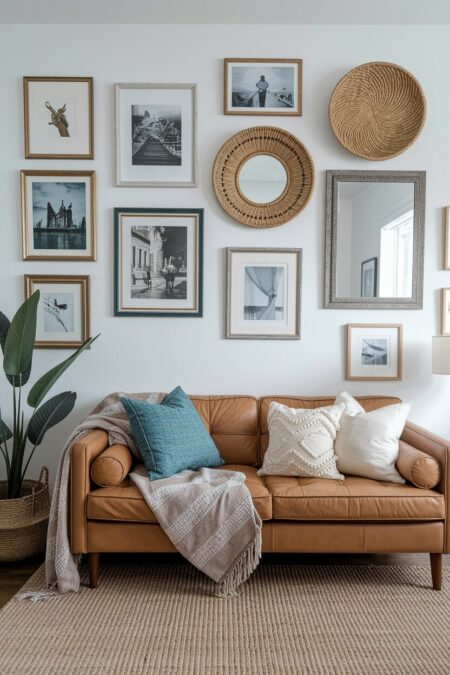 boho living room with a leather couch and a gallery wall