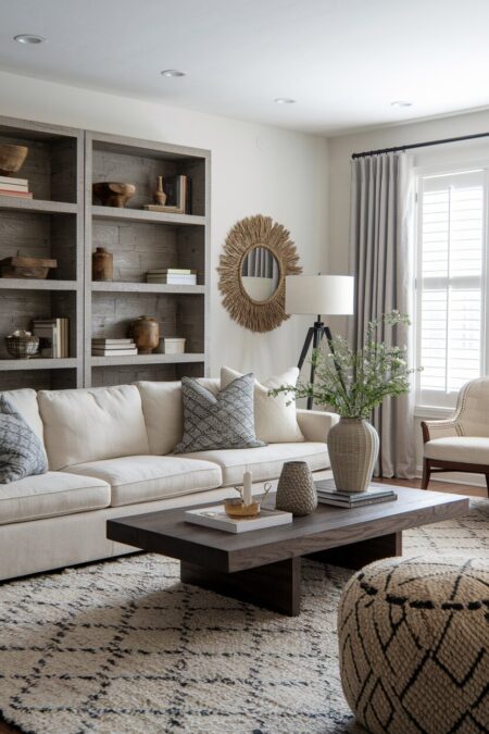 boho living room with combo of different wood tones and a dark walnut coffee table
