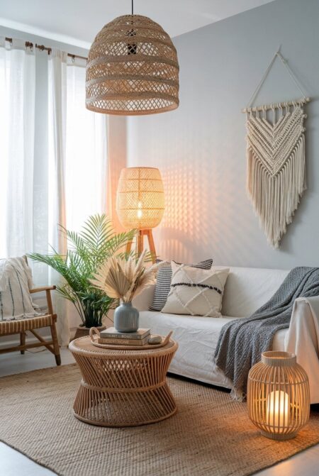 boho living room with gray walls, a slipcovered sofa, and warm layered lighting