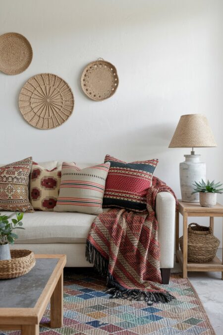 boho living room with mix of throw pillows in global textiles and a colorful area rug