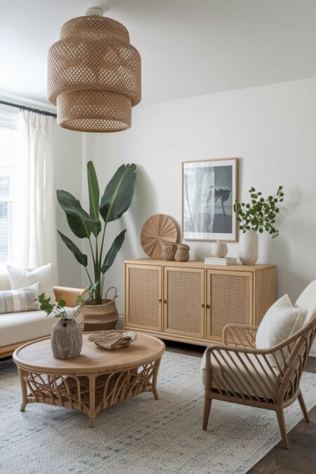 boho living room with rattan furniture and a ceiling light