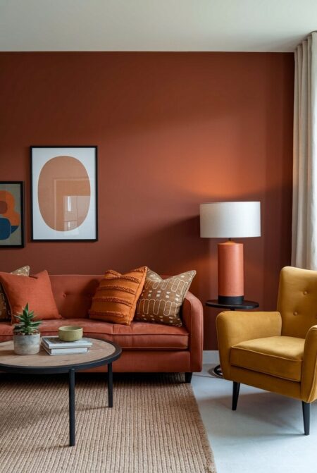 boho living room with rust or terracotta walls, warm textured pillows, and a mustard accent chair