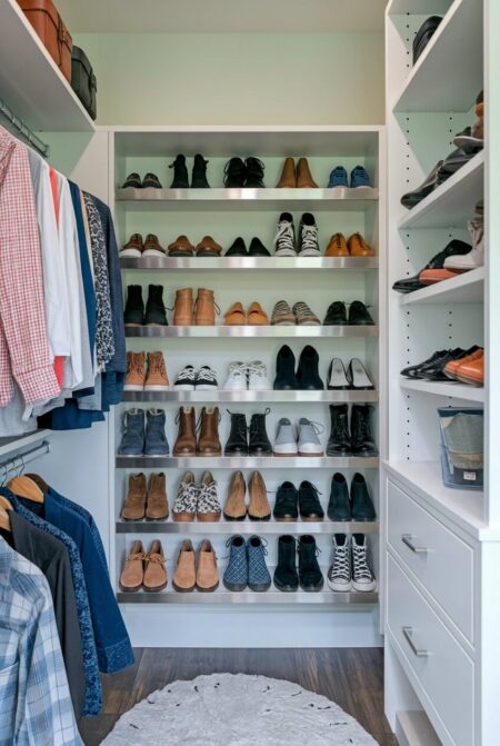 built-in closet shoe storage with slanted shelves in the small walk-in closet