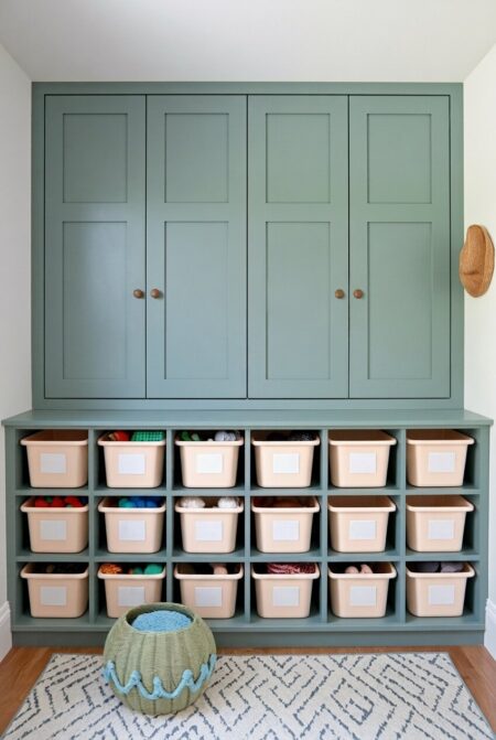 built-in cubbies and cabinets for toys in the playroom