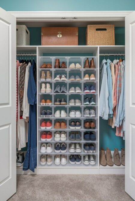 clear stackable shoe boxes in the reach-in closet