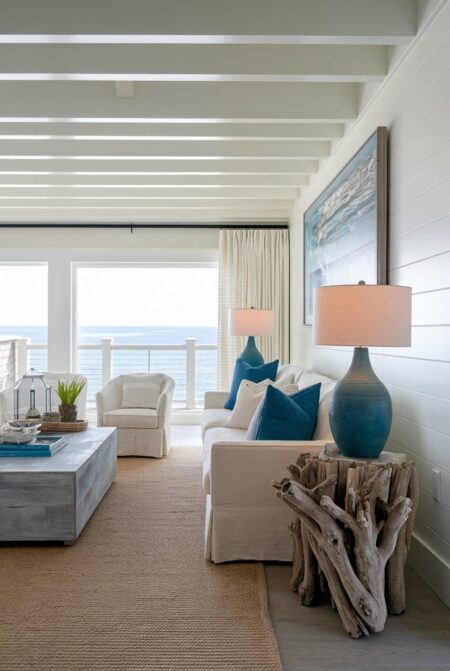 coastal living room with a driftwood side table, cream slipcovered seating, and blue accents in table lamp bases and throw pillows