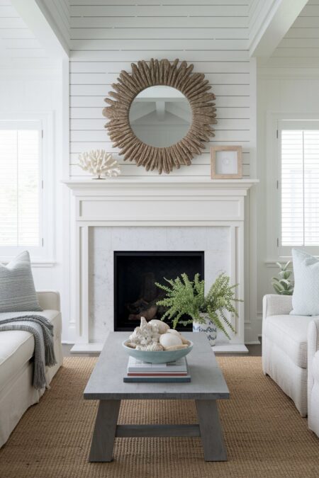 coastal living room with a piece of coral decor on the mantel and a gray wood coffee table