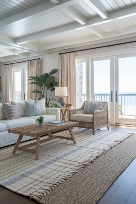 coastal living room with a small faded stripe print rug on top of a jute rug and linen curtains