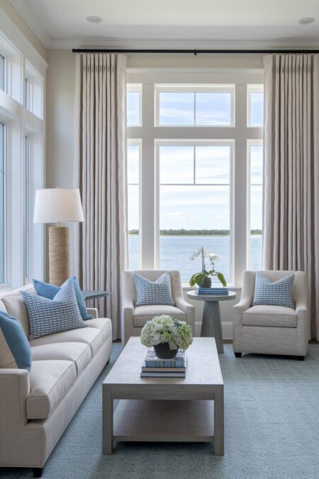 coastal living room with a water view, simple linen window panels, and a muted blue rug