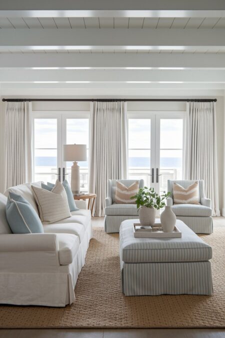 coastal living room with a linen slipcovered sofa, an ottoman, and armchairs