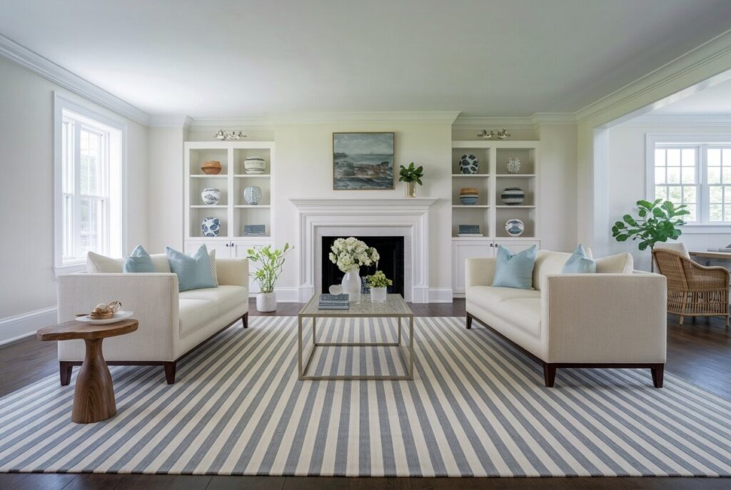 9 Coastal Living Room Ideas Inspired by Sun, Sand, and Sky coastal living room with off-white walls, a fireplace, a faded striped rug, two sofas, and a wooden side table