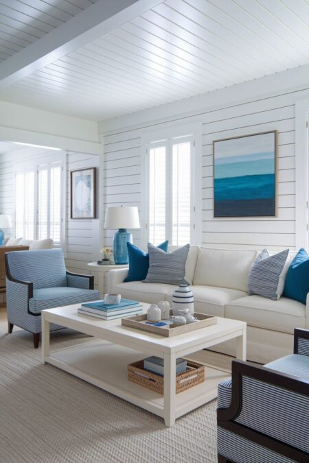 coastal living room with white walls, a cream sofa and coffee table, striped armchairs, and blue accents