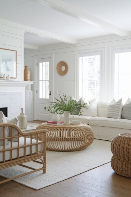 coastal living room with white walls, a rattan accent chair and coffee table, and a cream slipcovered sofa