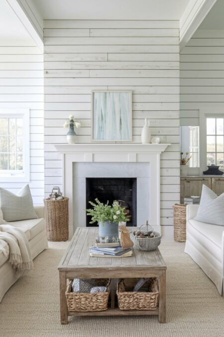 coastal living room with whitewashed shiplap walls, a fireplace, and a reclaimed wood coffee table