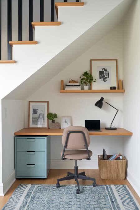 compact home office with a floating shelf and drawers for storage under the stairs
