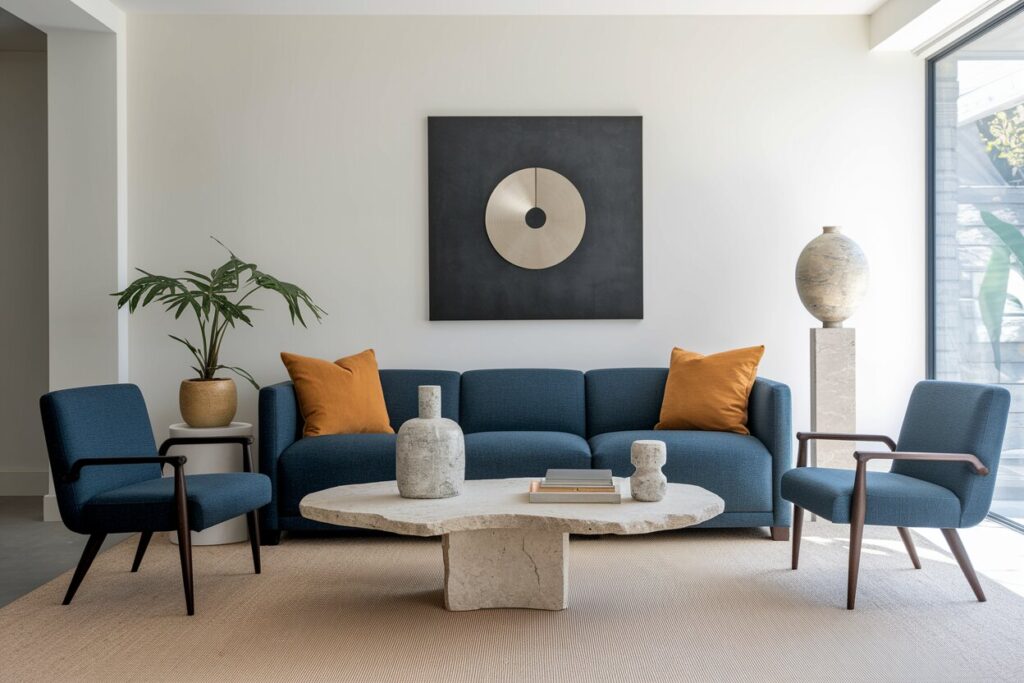 13 Contemporary Living Room Ideas Designed for Ultimate Comfort and Style contemporary living room with a dark blue-gray sofa and accent chairs, yellow pillows, and a stone coffee table