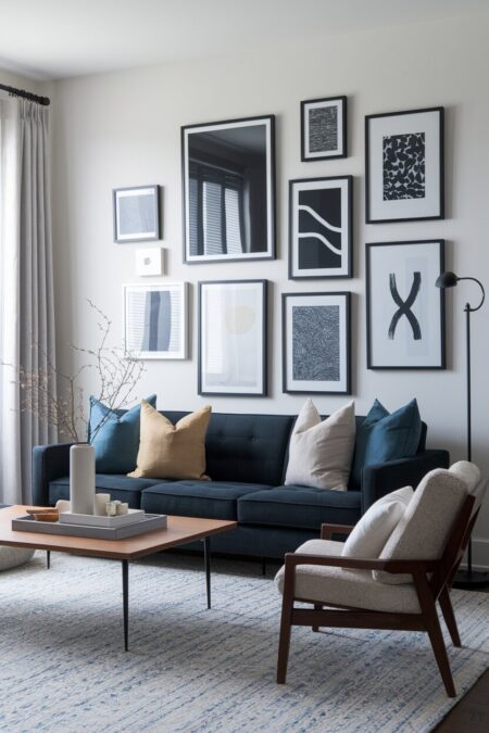 contemporary living room with a dark sofa and a gallery wall of prints in black picture frames