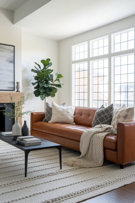 contemporary living room with a leather sofa, a wool rug, nubby throw pillows, and a black coffee table