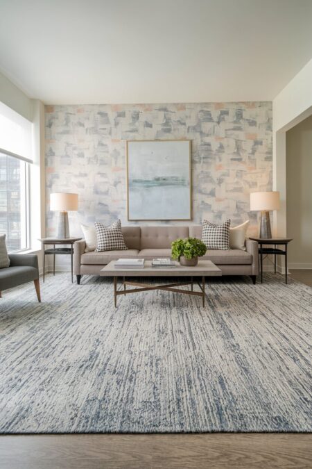 contemporary living room with a taupe sofa, an oversized rug, and an accent wall with wallpaper