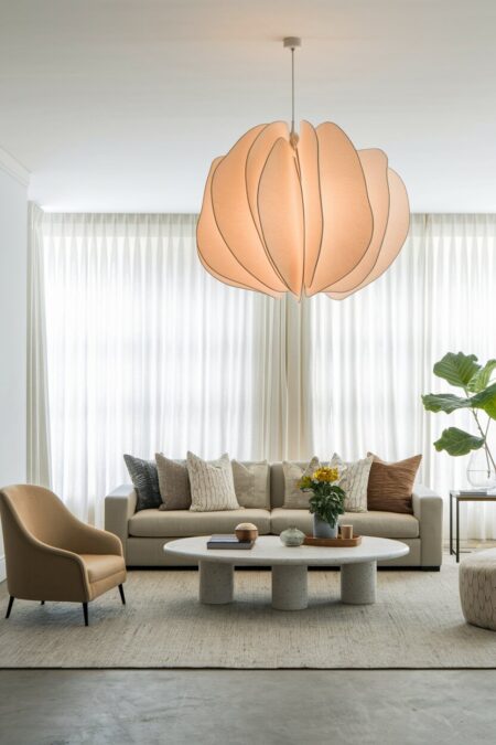 contemporary living room with an oversized sculptural pendant light, a gray sofa, and sheer curtains