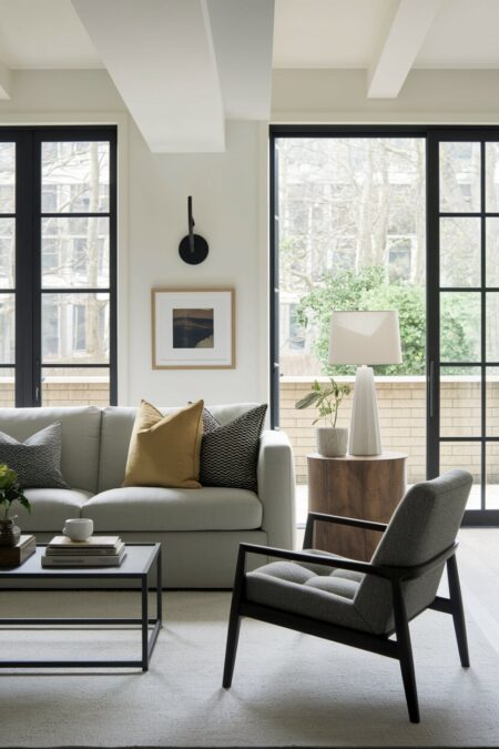 contemporary living room with black window frame, black metal coffee table base, and a gray sofa