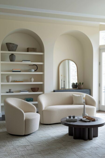 contemporary living room with curved furniture and arched wall niches