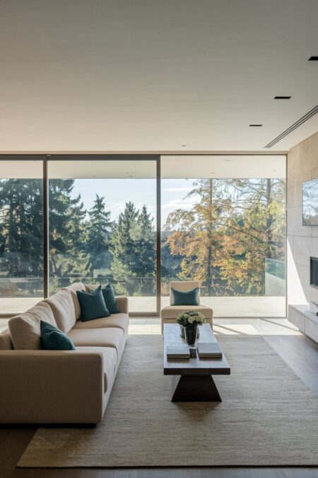 contemporary living room with floor-to-ceiling windows, neutral seating, and a geometric coffee table