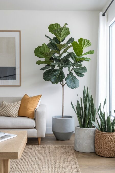contemporary living room with houseplants in concrete and woven pots