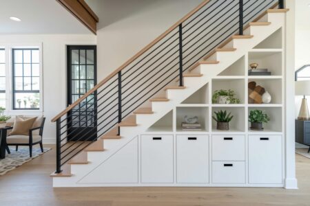 contemporary under stair storage with drawers and shelves in white