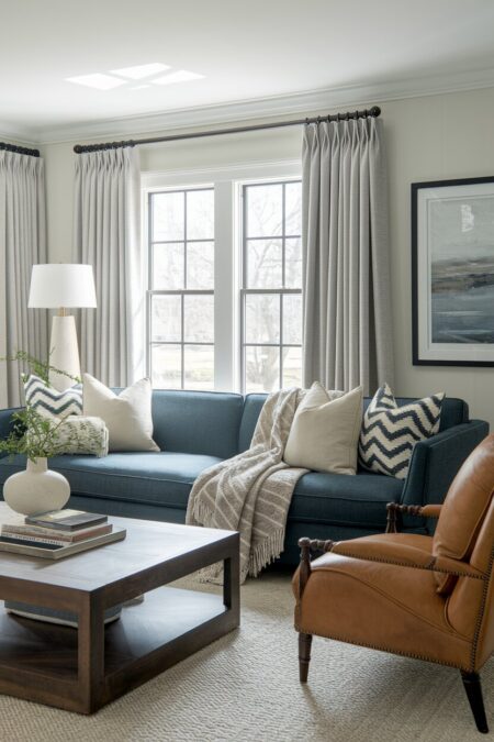 cozy living room with a deep blue-gray sofa and a leather accent chair