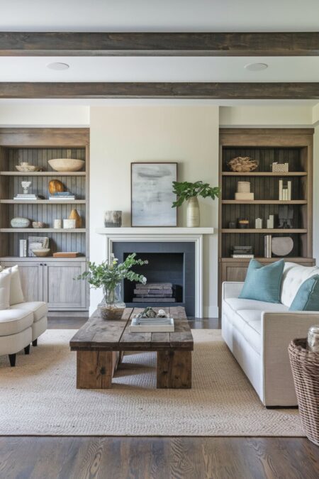 cozy living room with a fireplace, a reclaimed wood coffee table, wood shelving, and exposed ceiling beams