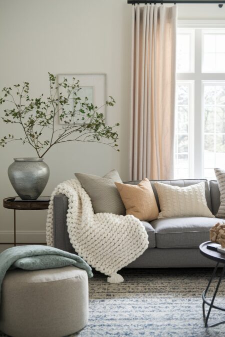 cozy living room with a gray sofa, a chunky knit throw, linen throw pillows, and a silver vase with a branch