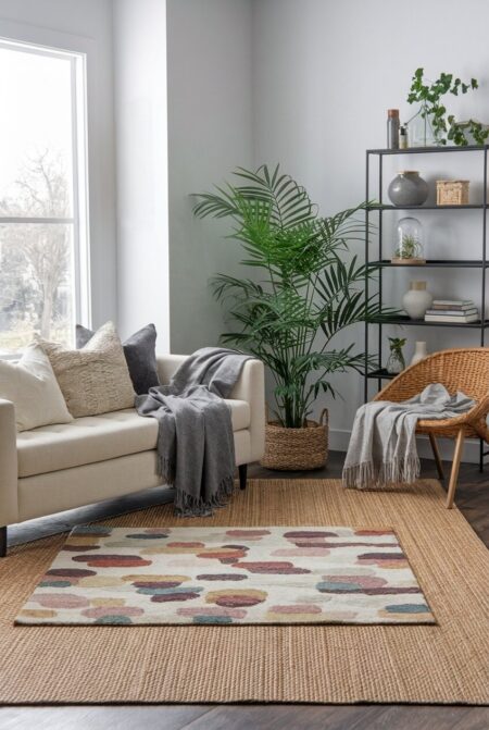 cozy living room with a small wool abstract-pattern rug on top of the jute rug, a beige sofa, and black shelving