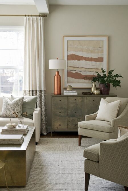 cozy living room with beige walls, a copper base table lamp on the metal console, a sofa, and two armchairs