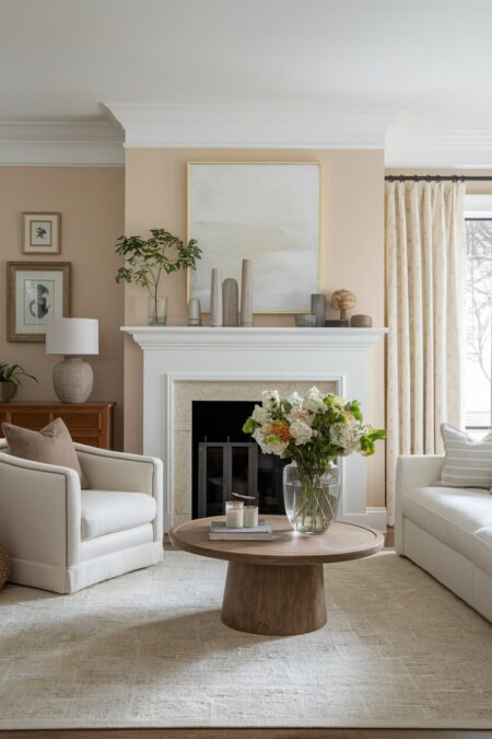 cozy living room with cream walls, white trim, a fireplace, a round wooden coffee table, a cream sofa and armchair