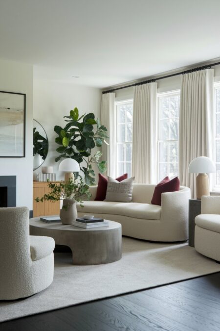 cozy living room with curved furniture and accent throw pillows