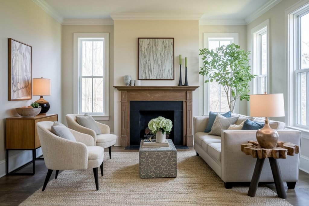 11 Cozy Living Room Ideas to Warm Up Your Space cozy living room with off-white walls, wooden fireplace surround, a wooden console, a sofa and two armchairs