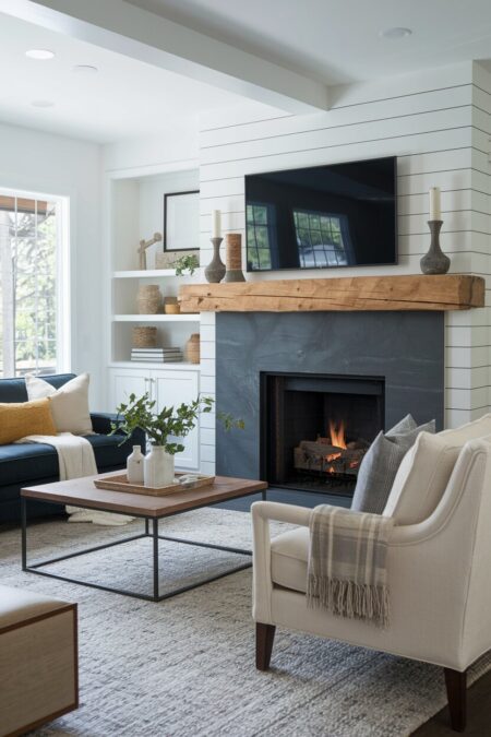 cozy living room with white walls, a fireplace with wooden mantel and TV above, a dark sofa