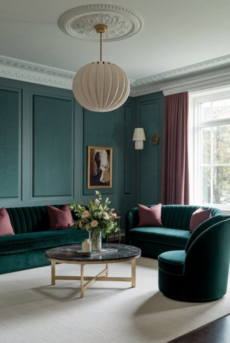 dark luxury living room with deep tone emerald velvet seating and a black marble coffee table
