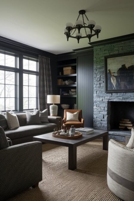 dark masculine living room with heavy linen curtains, tweed upholstery, a brown leather chair, and a jute rug