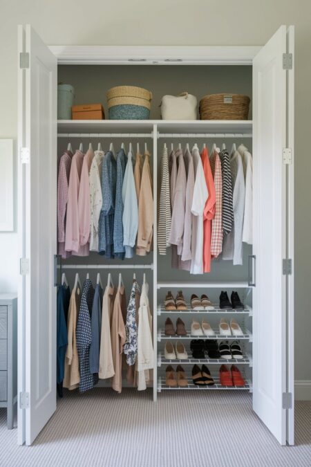 double rod closet system with shoe shelves in the small reach-in closet with doors