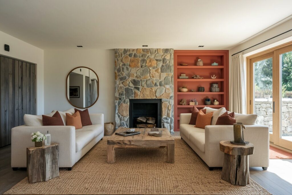 10 Rustic Living Room Ideas Full of Earthy Textures earthy rustic living room with a stone fireplace and wooden side tables