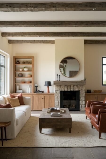 earthy rustic living room with cream walls, terracotta accents, a stone fireplace, wooden furniture, and leather chairs