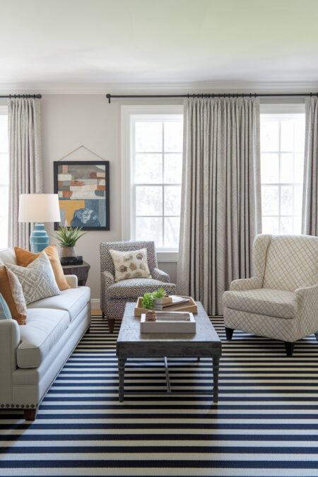 eclectic living room with a black-and-white striped rug, geometric print armchairs, and a cream sofa