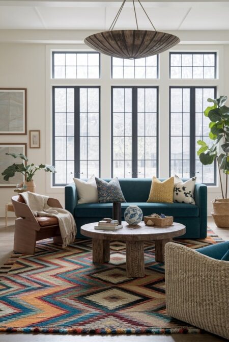 eclectic living room with a colorful patterned area rug, a dark blue sofa, and mismatched accent chairs