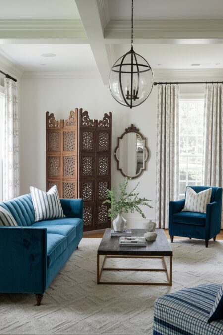 eclectic living room with a dark blue velvet sofa and armchair, a carved wooden screen, and a glass pendant light
