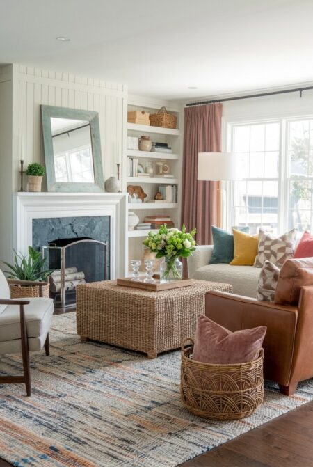 eclectic living room with a fireplace, leather chair, nubby wool rug, and a velvet pillow in a woven rattan basket