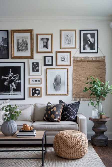 eclectic living room with a gallery wall of black-and-white photos and a gray sofa